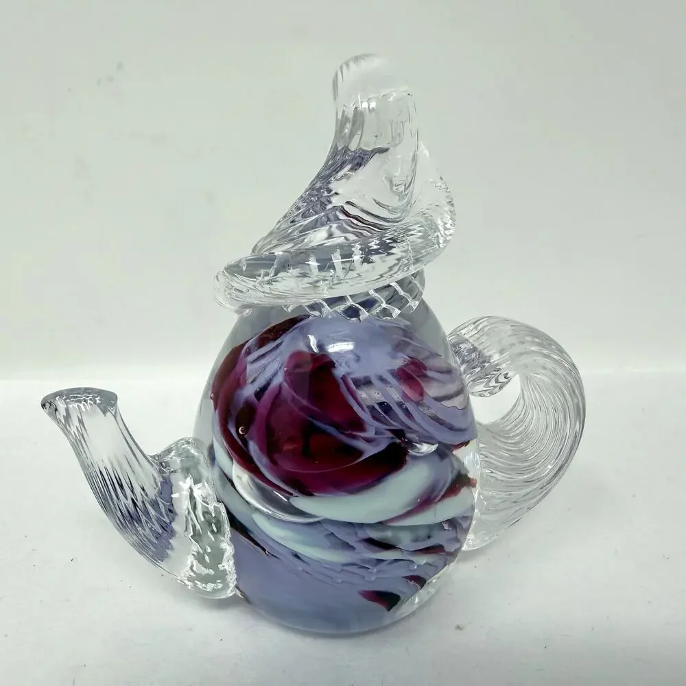 Hand Blown Art Glass Teapot Figurine Purple White Swirl Signed Mini Sculpture